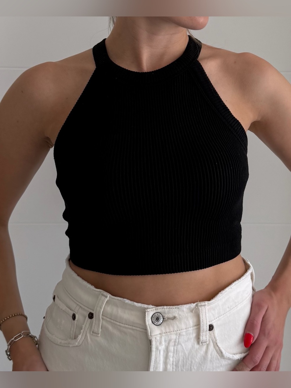 aerie Black Ribbed Halter Crop Tank